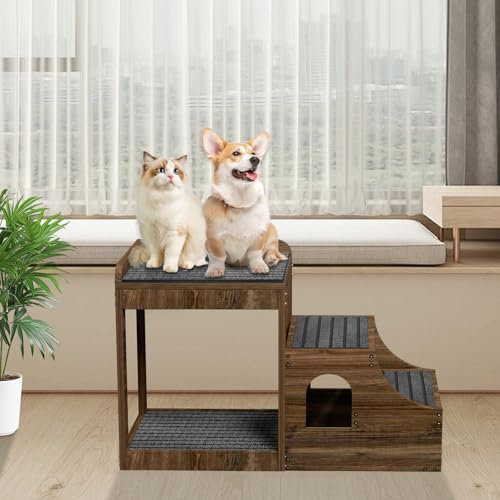 PUPIHOM Pet Window Perch with Stairs, Multi-Level Bunk Bed for Dogs and Cats, Elevated Pet Bed Couch, Wood Dog Stairs with Non-Slip Platform, Indoor Use for Large/Medium/Small Size Pets, Brown