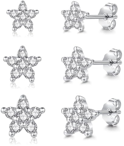 Cangall Ohrstecker Silber 925, 3 Paar 925 Sterling Silber Blumen Ohrstecker Set mit Zirkonia, Hypoallergene Kleine Ohrringe S925er für Damen Mädchen, 3/4/5mm Funkelnd Knorpel Schlafen Ohrringe