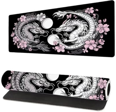 Gaming Mauspad Schwarz XXL 600x300x3mm, Drachen Mousepad groß Schreibtischunterlage, Mouse Pad mit Vernähte Kanten, WassXerdicht Anti-Rutsch Mousepad, Verbessert Präzision und Geschwindigkei N-7