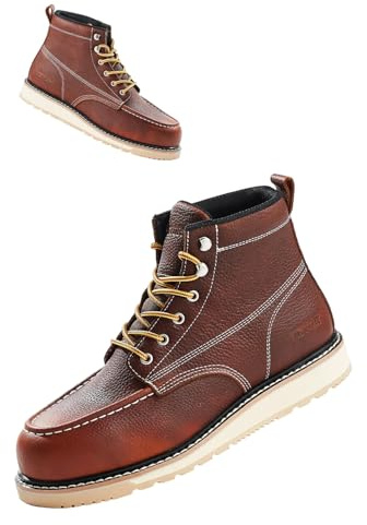 VEVOR Steel Toe Work Boots, UK Size 12, Waterproof Moc Toe Work Boots for Men, Slip-Resistant Work Boot, Lightweight and Breathable EVA Rubber Sole Mens Boots for Industry Construction, Brown