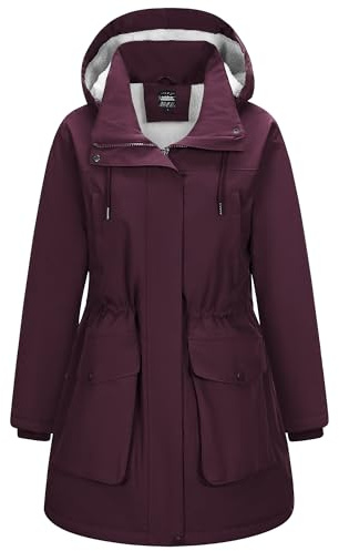 Outdoor Ventures Damen Wintermantel Wasserdichte Regenjacke mit Kapuze | Dicken Fleecefutter, Wasserdicht, 8 Taschen, 2-Wege-Reißverschluss, Warm, Abnehmbare Kappe, Windbreaker, Outdoorjacke