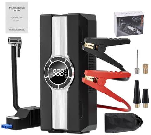 Voiture Jump Starter avec 150PSI Compresseur D'air, Voiture Batterie Booster Jump Starter, 12V Portable Batterie Booster pour Tout Gaz/10L Diesel, Power Bank avec Affichage LCD, Lampe de Poche