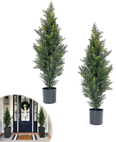 PlusFive Künstliche Zeder 90 cm, 2 Stück Kunstpflanze Zedernbaum mit Topf, künstliche immergrüne Zypressenpflanze, UV-geschütztes künstliches Grünset für die Heimdekoration drinnen/draußen