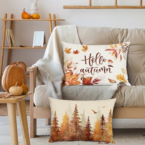 Bonhause 2er Set Kissenbezüge Herbst 30 x 50 cm Herbstblätter Bäume Wald Polyester Leinen Dekorative Kissenhülle Zierkissenbezüge für Sofa Zuhause Dekoration