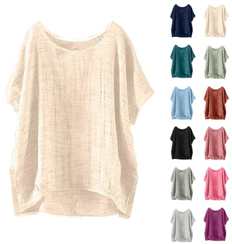 Sommer locker Oversized Leinenbluse Kurzarm Vintage Leichte Bluse Basic Rundhals Damen T-Shirt Lässiges Bequemes Modisch Licht Hemdbluse Lässiges Atmungsaktive Elegante Blusenshirt