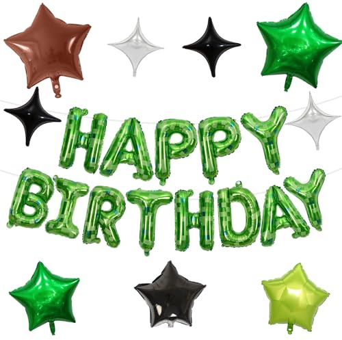 Pixel Happy Birthday Balloon Banner Set, 16 Inch Pixel Green Foil Letter Balloons with 9 Pcs Star Foil Balloons, 8-Bit Gaming Party Decorations for Boys Girls, Retro Arcade Party Supplies