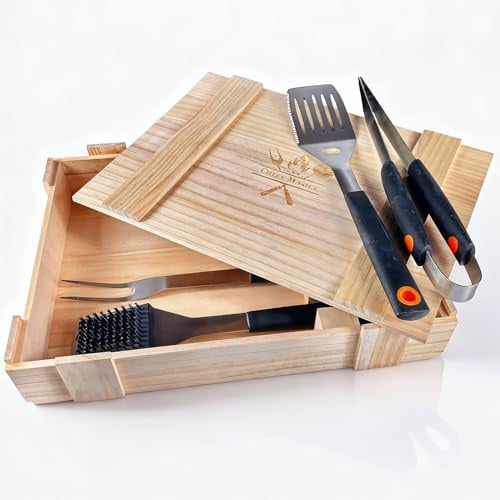 Curry Master Grillset für Männer Geschenk in Holzkiste – Grillbesteck Set aus Edelstahl - 3-in-1 Spachtel & Reinigungsbürste – Ideales Grill Set Männer Geschenk, Grill Geschenke für Männer