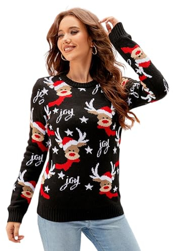 Moerstar Lustiger Weihnachtspullover Damen, Rentier Weihnachtsbaum Glocken Weihnachts Pullover, Langärmliger Rundhals Christmas Sweater