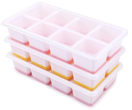 3 Pack de Grands Moules à Glaçons en Silicone avec Couvercle, Bac à Glaçons Empilable, Forme de Glaçons Sûre et Saine pour Cocktail, Whisky, Café (2 Rose+Jaune)