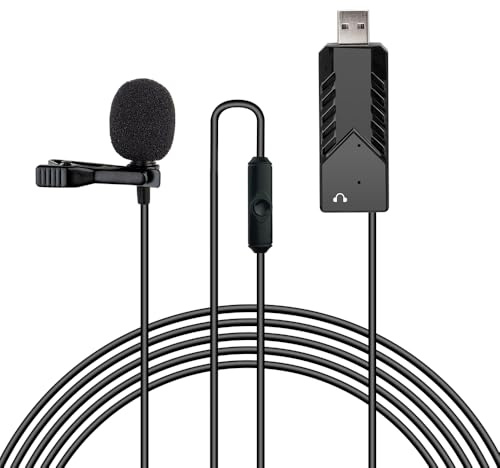 Portable Clip-On Cardioid Microphone USB Lapel Mic Plug and Play with Metal Clip Sound Card for PC Mac Chatting Interviewing Meeting