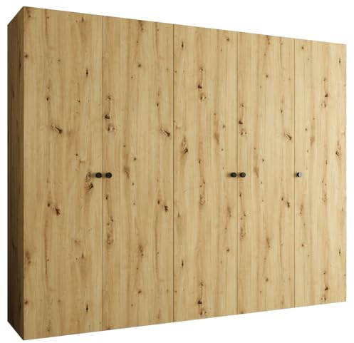 MEBLE KRYSPOL - Kleiderschrank - Garderobenschrank - 250 cm x 202 x 52 cm - Schrank mit Kleiderstange, 5 Türen - für Schlafzimmer, Flur - Parma, Artisan-Eiche, Griff Schwarz