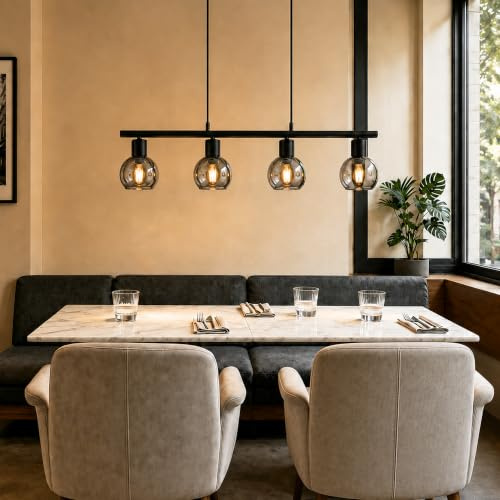 Zedelmaier Hängelampe Pendelleuchte Esstisch 4-flammig E14 Fassung Max.40w | Rauchglas mit Metallrahmen, Industrie-Design für Esszimmer Küche Restaurants (ohne Leuchtmittel)