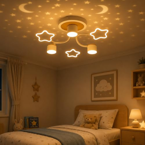zenlavia LED Deckenleuchte Kinderzimmer, Deckenlampe mit Sternenhimmel Projektor, dimmbar mit Fernbedienung, 24W 2400lm, CCT 3000–6500K, Nachtlicht, Timer, Memory-Funktion