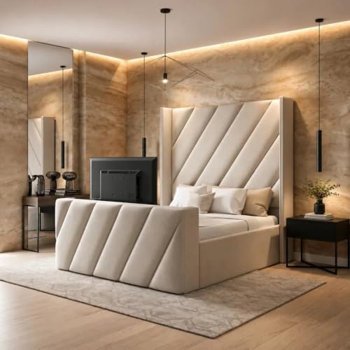 Diagonal Lines Winged TV Bed Frame in Plush Velvet Fabric Optional Gas Lift Storage & Memory Foam Mattress, TV Not Included (Pebble + 6Ft Super king + With Gas Lift Storage & With Mattress)
