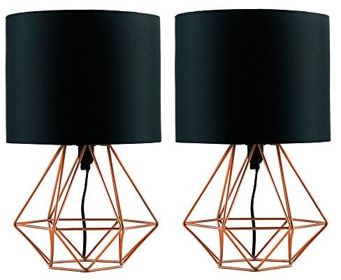 MiniSun | - Pair of Modern Copper Metal Basket Cage Bed Side Table Lamps with a Black Fabric Shade | Table Lamps & Home Improvements Essential
