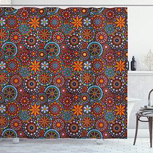 ABAKUHAUS Mandala Duschvorhang, Blumen, Stoffliches Gewebe Badezimmerdekorationsset mit Haken, 175 x 180 cm, Zinnoberrot Himmelblau Rubin