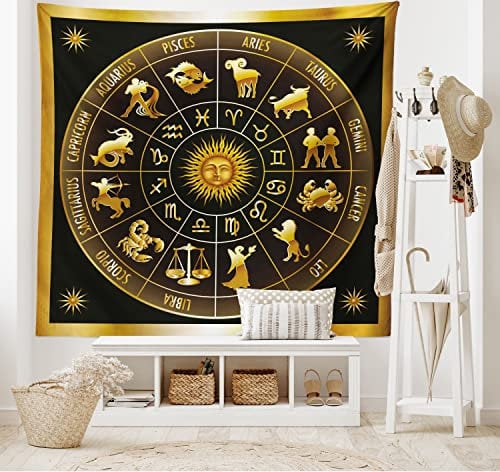 ABAKUHAUS Astrologie Wandteppich und Tagesdecke, Signs Kreis Sonne-Mond aus Weiches Mikrofaser Stoff Waschbar ohne Verblassen Digitaldruck, 230 x 140 cm, Dunkles Waldgrün