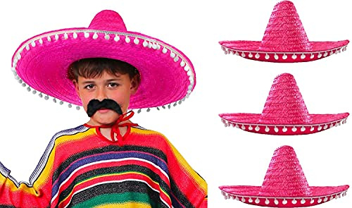 Ilovefancydress Kindermütze, mexikanische Sombrero-Hüte, Pink, 3 Stück, mexikanische Kindermütze, Sombrero, Western-Bandit, mexikanische Festivalmütze, 3 x rosa Hüte