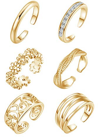 YAZILIND Sexy Feet Rings Set Simple Opening Adjustable Foot Toe Ring Jewelry-6 Pieces(Gold Plated)