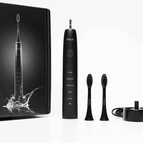 Risus Smile Sonic Electric Toothbrush, 90 Day Battery Life, Charcoal, 5 Cleaning Modes and Wireless Charging Pad, 2 Charcoal Infused Toothbrush Heads, 30 Second Timer Function, 2 Minutes Brushing.