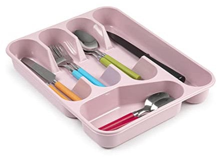 plastific Large CUTLERY TRAY Flatware Organiser Strong Plastic Drawer Sliding Tidy Rack Holder Drawer Insert Tidy Storage, 33.5 x 26.5 x 4.5 cm - Solid Base, Pink