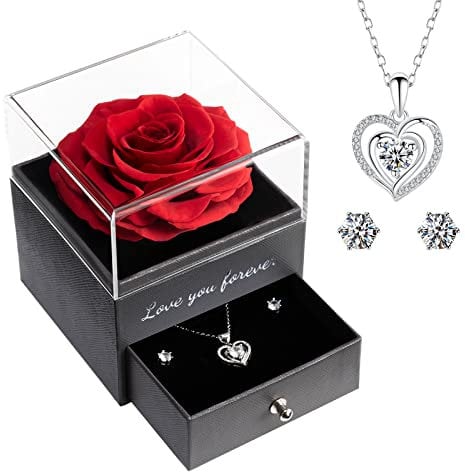 Miofula Preserved Real Rose Christmas Gifts for Women, Eternal Rose Flower Gift Box with Necklace Earrings, Anniversary Birthday Valentines Day Mothers Day Gifts for Her Women Mum Girlfriend Wife