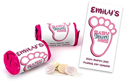 Colourbat x40 Sweet Rolls Personalised Baby Girl Shower Sweets Mini Love Hearts Party Favours for Guests Suitable for Vegetarians Vegans Halal