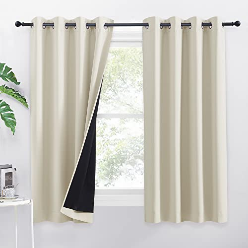PONY DANCE Kurze Gardinen Beige Blickdicht Ösenvorhang 2er Set H 160 x B 140 cm 100% Verdunkelungsvorhang Thermovorhang gegen Hitze Doppellagige und Lichtundurchlässige Vorhänge Hellbeige