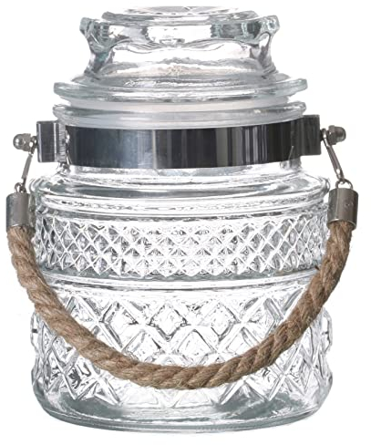 Glass Storage Jars with Handle Airtight Lid Vintage Decorative Containers Kitchen Food Preserving Jar Jute Rope Handle Push Top for Storing Candy Cookies Sweets Snacks (1000ml)