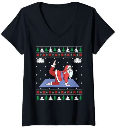 Damen Süßer Yoga-Pose Santa Ugly Christmas Sweater Xmas Lovers T-Shirt mit V-Ausschnitt