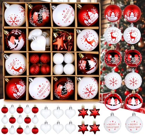42pcs Classic Retro Red White Hanging Christmas Balls Ornaments Set for Christmas Holiday Festival Home Party Wedding Decor