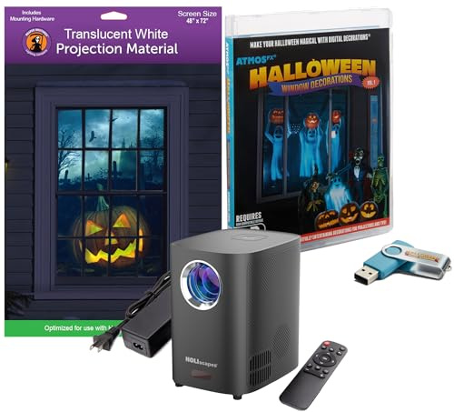 Reaper Brothers Kit de décoration numérique d'Halloween comprend 8 effets vidéo AtmosFX pour Halloween Plus un projecteur HD super lumineux et un écran de projection holographique de 121,9 x 183 cm