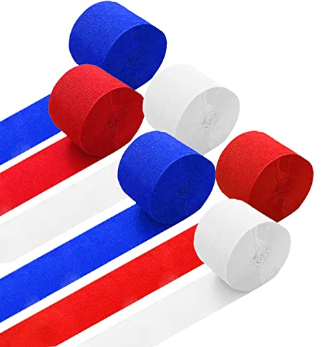 Ainmto 6 Rollen Krepppapier Rot Blau Weiß, Kreppbänder, Krepppapier Luftschlangen Dekoration(4.5 cm x 25 m)