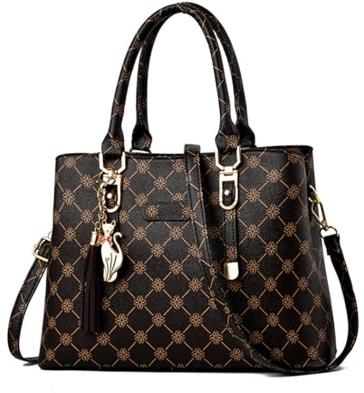 NICOLE & DORIS Damen Handtasche Elegante Schultertaschen Bedruckte Handtaschen PU Leder Frauen Umhängetasche Shopper Tote Mittelgross Tasche Henkeltasche mit Anhänger Kaffee