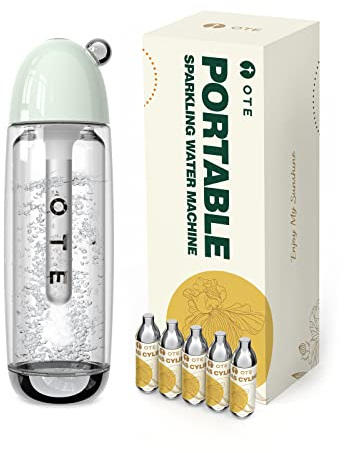 OTE Tragbarer Sprudelwasserbereiter mit 20 CO2-Zylindern, Sprudelwasser Maschine 450ml Compact Size Soda Maker, Sicherer Persönlicher PET-Seltzer Stream Karbonisator, Kein Strom, BPA-Frei (Grün)