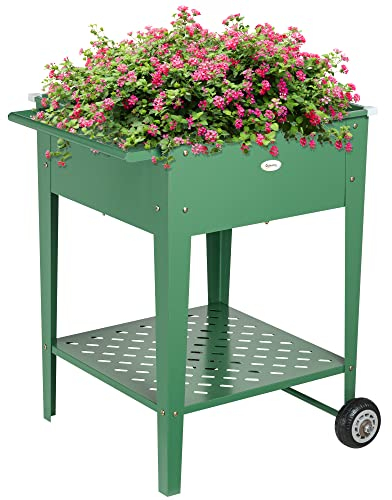 Outsunny Huerto Urbano Elevado con Ruedas Jardinera Exterior de Acero Galvanizado 64x55x79 cm con Estante y Asa Lateral para Cultivo Plantas Flores Verduras Verde