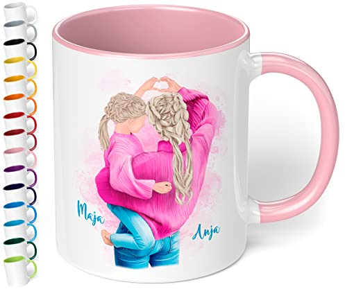 Mama-Tochter-Tasse personalisiert mit Namen & Aussehen „Mutter mit Tochter im Partnerlook“ – Kaffeetasse | Geschenkideen für die beste Mama - Geschenke zum Muttertag & Geburtstag (Rosa)