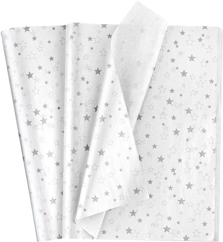 Topeedy Seidenpapier-Geschenkpapier, Weiß, 50 Blatt, 35 x 50 cm, silberfarbener Stern, Seidenpapier zum Verpacken von Weihnachten, Erntedankfest, Hochzeit, Geburtstag, Geschenkboxen oder
