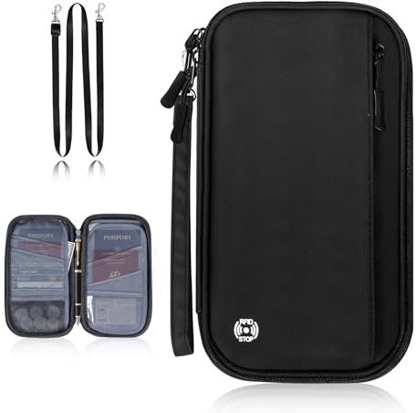Monemey Reisepass Tasche Familie Reiseorganizer mit RFID Blocker Herren Damen Reisepasstasche für Kreditkarten Personalausweis Flugtickets Geld Münzen Telefonschlüssel Impfausweis, Schwarz