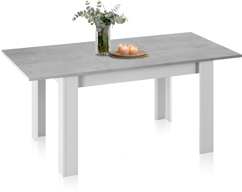 duehome | Mesa de Comedor Extensible, Mesa Rectangular, Modelo Danna, Acabado en Blanco Artik y Cemento, Medidas: 140-190 cm (Largo) x 90 cm (Ancho) x 78 cm (Alto)