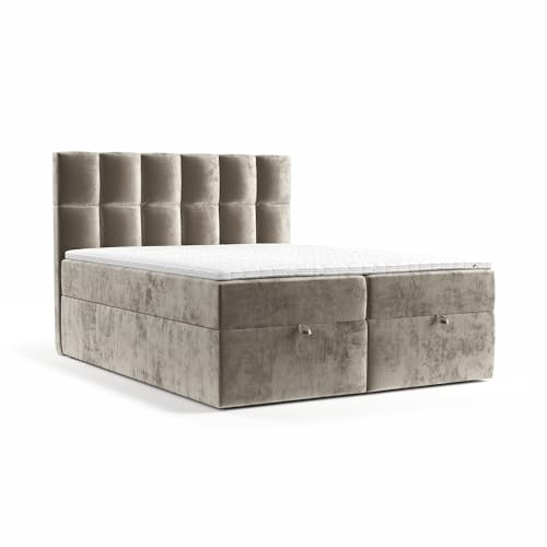 maison de reve - Boxspringbett Essence 180x200 cm, mit Bettkasten, H3 Taschen Matratze (20 cm hoch), Polsterbett mit PU-Topper mit Algae Bezug, Dunkelbeige Farbe