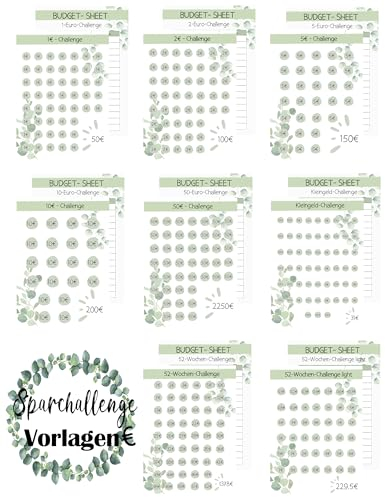 Sugeru 24pcs Budget Planner Deutsch-A6,Sparchallenge Budgetplaner,Budget Planner Zubehör, mit 2€, 5€, 10€, 20€, 50€, Kleingeld, 52 Wochen, 100 Wochen, Sparchallenges (Eukalyptus)