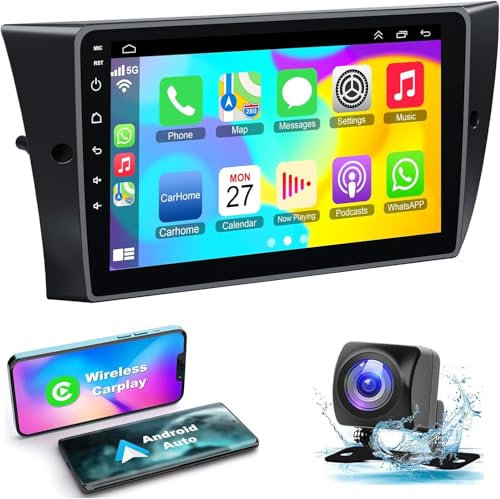 Android 12 Autoradio für 2005-2013 BMW 3 E90 E91 E92 E93, 9 Zoll IPS Touchscreen Inch Radio mit Wireless CarPlay&Android Auto/GPS Navigation/Bluetooth/Rückfahrkamera, Unterstützung WiFi/OBD2/DVR/DPS