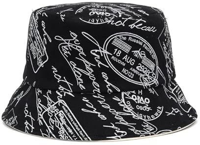 FULUJIDI Bucket Hat Hut Bucket-Hats Graffiti Letter Sonnenschutz Männer Frauen Panama Hut Baumwolle Mode Anti-Sonne Hip Hop Outdoor Reisen Schwarz