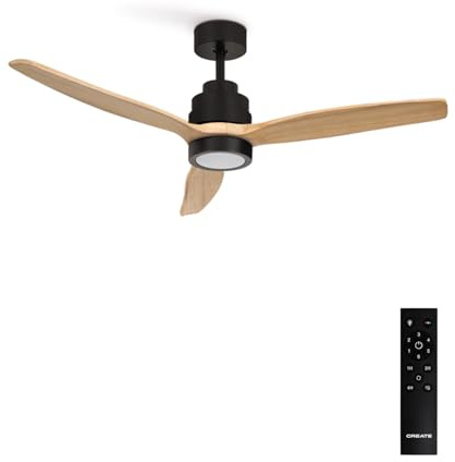 CREATE / WINDSTYLANCE NATURAL WOOD/Ventilador de techo con luz negro aspas madera natural con mando / 40W, Silencioso, Ø132 cm, 6 velocidades, temporizador, verano-invierno, doble altura, motor DC