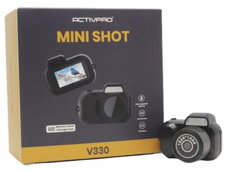 ActivPro Mini Shot V330 | Mini fotocamera digitale | Schermo LCD | Scheda SD da 64 GB | HD 1080P | Custodia | Videoregistratore tascabile | Ricaricabile | Portachiavi per fotocamera | Videocamera
