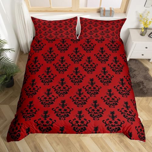 Homewish Gotische Bettwäsche Sets Erwachsene Damast Bettbezug Set,Viktorianische Tröster Abdeckung 135x200 Vintage Barock Goth Bett Set Antik Schwarz Floral Böhmische Dekor,Schwarz Rose Rot