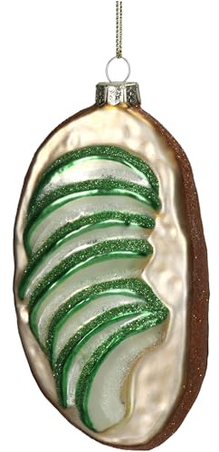 Christbaumschmuck 11,4cm Glas - Avocado Toast Figur zum Aufhängen - handbemalt & mit Glitzer - Weihnachtsbaum Anhänger für Weihnachten - Christbaumanhänger & Weihnachtsbaumschmuck - Brot Grün Beige