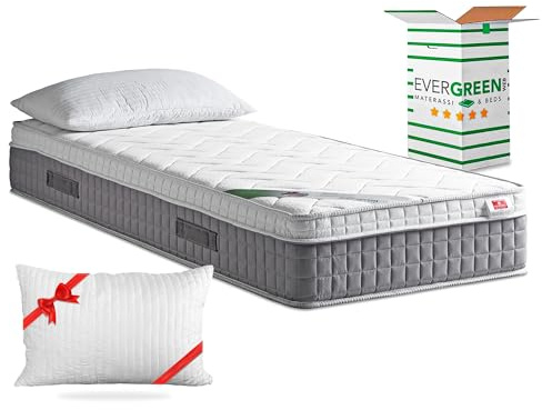 EVERGREENWEB – Einzelbettmatratze 80x200 25 cm Höhe mit integriertem Topper aus Memory-Schaumstoff H2 H3 Ergonomische 7-Zonen MEDIZINISCHES Produkt ‍+ Kostenloses Kissen, Weiße Massage-Effekt Gewebe
