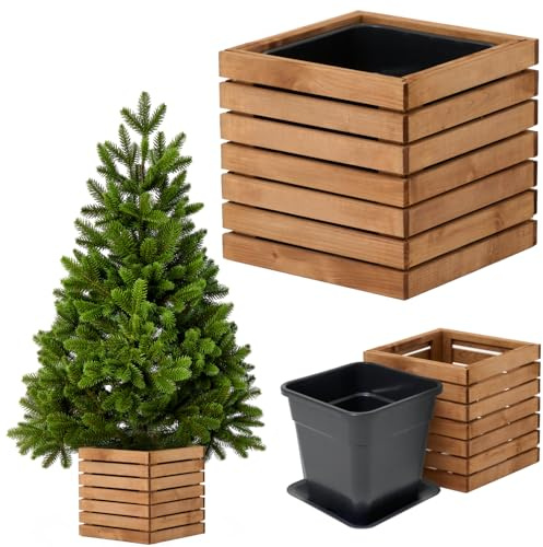 HOMERZO Holzblumentopf für Weihnachtsbaum 1,5 m – Wetterfester Blumenkasten 36 x 36 x 35 cm mit 18 L Einsatz für lebende Weihnachtsbäume, fertig montiert (Braun, 36x36 h35 horizontal)
